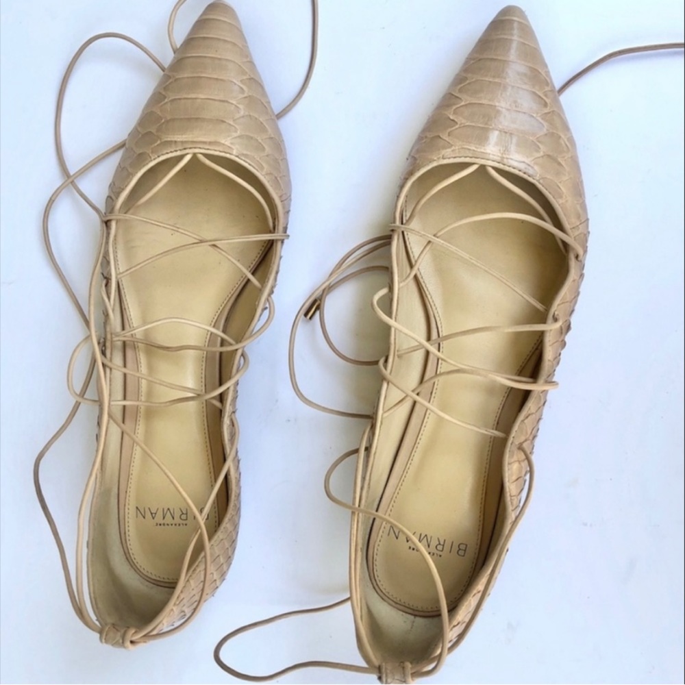 Alexandre Birman Nude beige tan Scalloped Python Pointed Toe Lace-up Flats 6.5